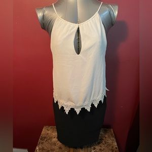TOBI Small Black & White Embroidered Detail A-Line Halter Tie Keyhole Neck Dress
